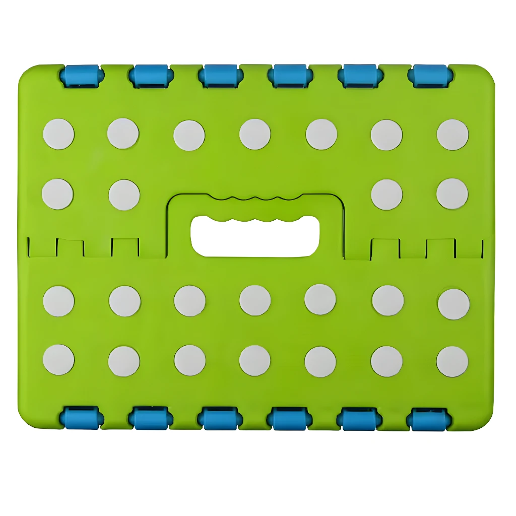 Taburete mini plegable verde para niños con asas y diseño de puntos.