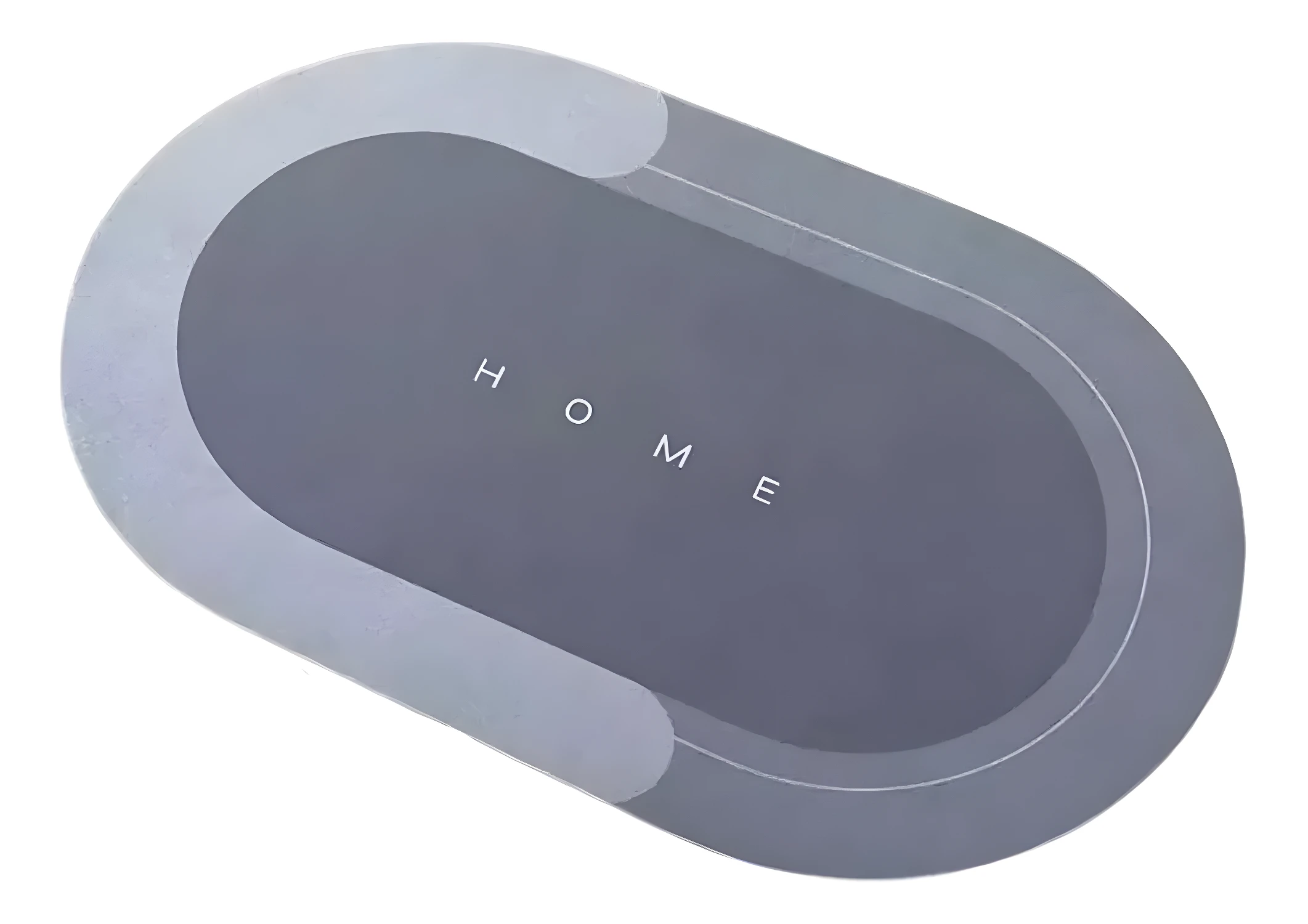 Tapete gris absorbente y antideslizante con palabra "HOME" estampada.