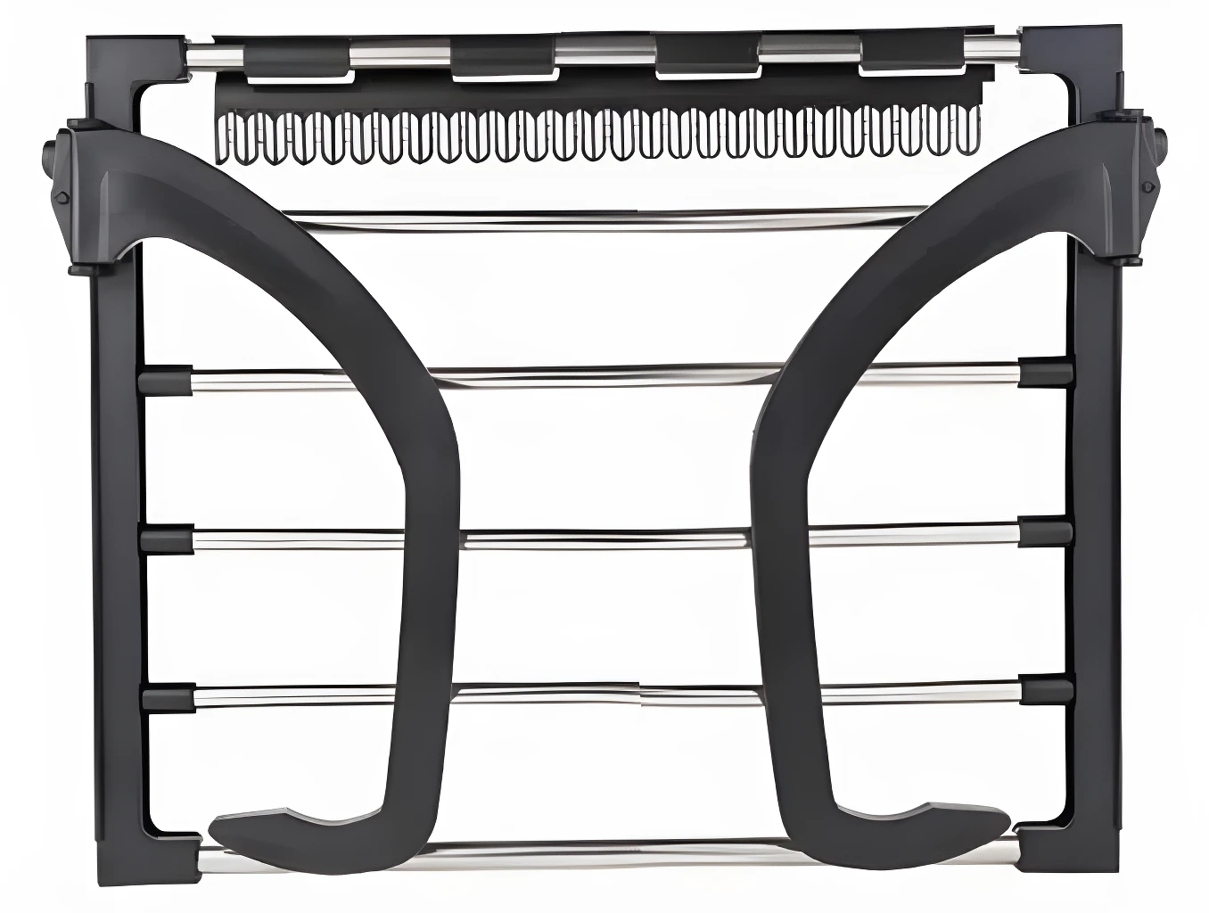 Tendedero de ropa plegable A2503-473 con múltiples niveles y ganchos, estructura metálica negra.