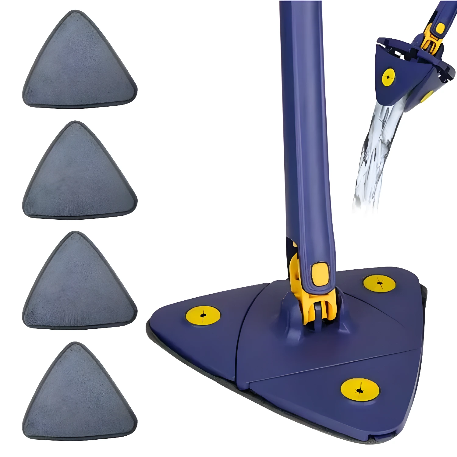 Trapero triángulo autoescurrido azul con repuestos y chorro de agua.