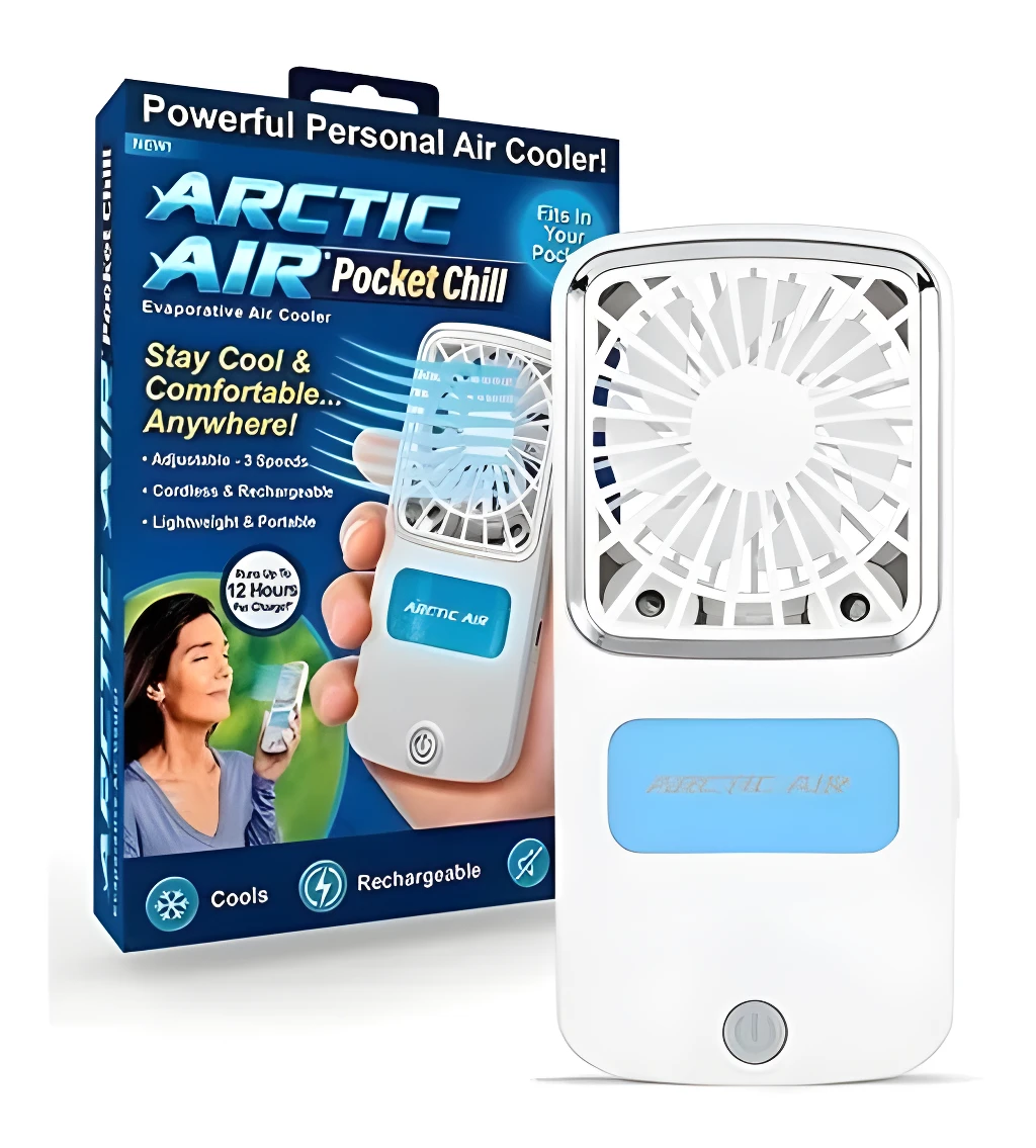 Ventilador de mano recargable Arctic Air Pocket Chill portátil para refrescar en cualquier lugar.