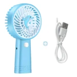 Ventilador portátil azul con diseño de delfín y cable USB incluido, ideal para refrescarte.