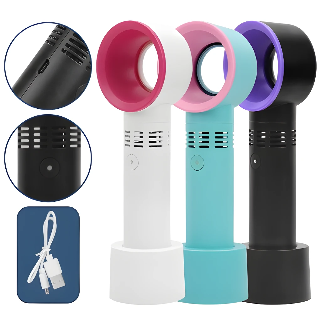 Ventilador sin aspas portátil blanco, turquesa y negro con cable USB.