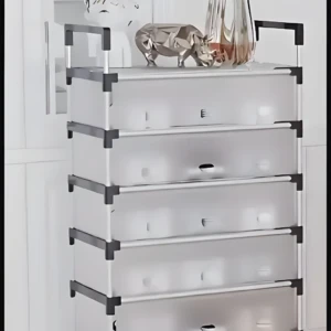 Zapatera de 6 niveles con tapa, ideal para organizar zapatos y accesorios en el hogar.