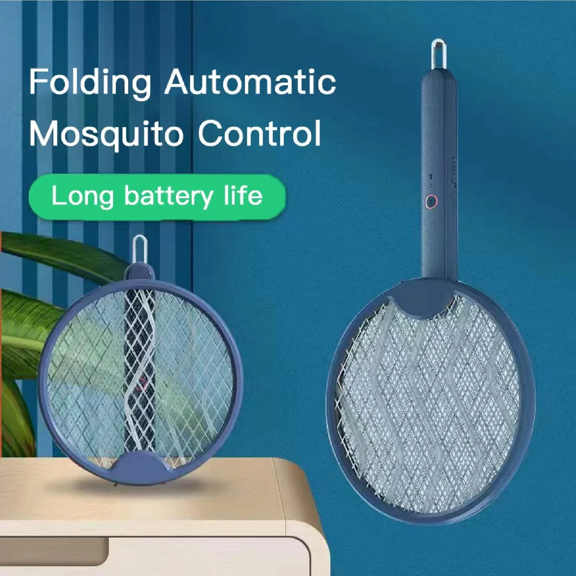 Raqueta mata zancudos plegable colgante, eléctrica con larga vida útil.