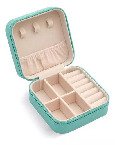 Mini organizador viajero para joyas turquesa, compacto y práctico con compartimentos, ideal para guardar anillos y aretes.