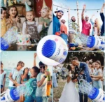 Pistola de burbujas azul con 69 agujeros, crea un torrente de burbujas en fiestas, bodas y playa.