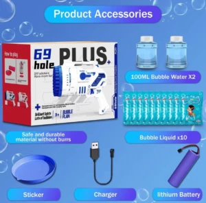 Pistola de burbujas 69 Plus azul con accesorios: líquido, cargador y batería recargable.
