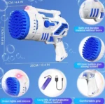 Pistola de burbujas azul con 69 agujeros y luces, recargable y segura.