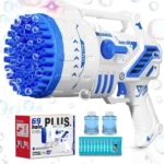Pistola de burbujas azul con 69 agujeros, dispara muchas burbujas para diversión sin fin.