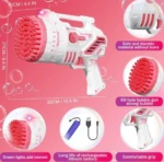 Pistola de burbujas azul con 69 agujeros y luz, diseño ergonómico y batería recargable.