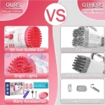 Pistola de burbujas azul con 69 agujeros, luces brillantes y muchos accesorios, comparada con modelo simple.