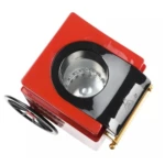 Máquina crispetera roja eléctrica sin aceite con diseño moderno y ruedas, ideal para hacer crispetas saludables.