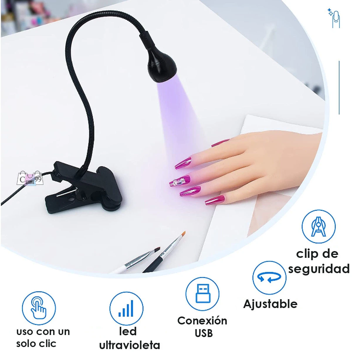 Lámpara UV para uñas 3W plegable con clip, ideal para secado de esmalte en gel.