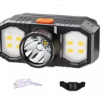 Linterna frontal minera manos libres USB con luces LED, ideal para actividades al aire libre.