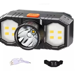 Linterna frontal minera manos libres USB con luces LED, ideal para actividades al aire libre.