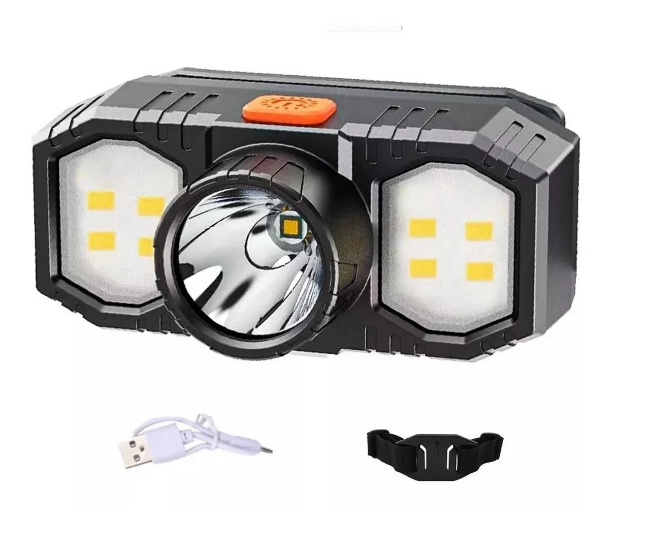 Linterna frontal minera manos libres USB con luces LED, ideal para actividades al aire libre.