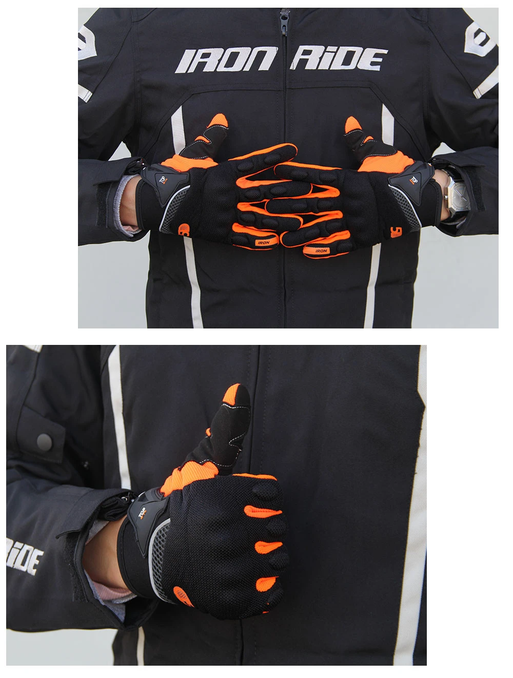 Guante protector impermeable para moto Iron Ride, negro y naranja, con pulgar arriba.