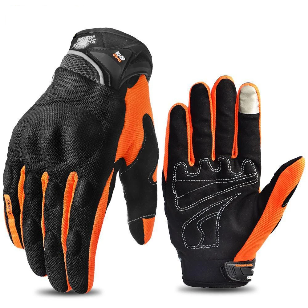 Guantes de moto protectores impermeables SU09 negros y naranjas, diseño ergonómico para protección.