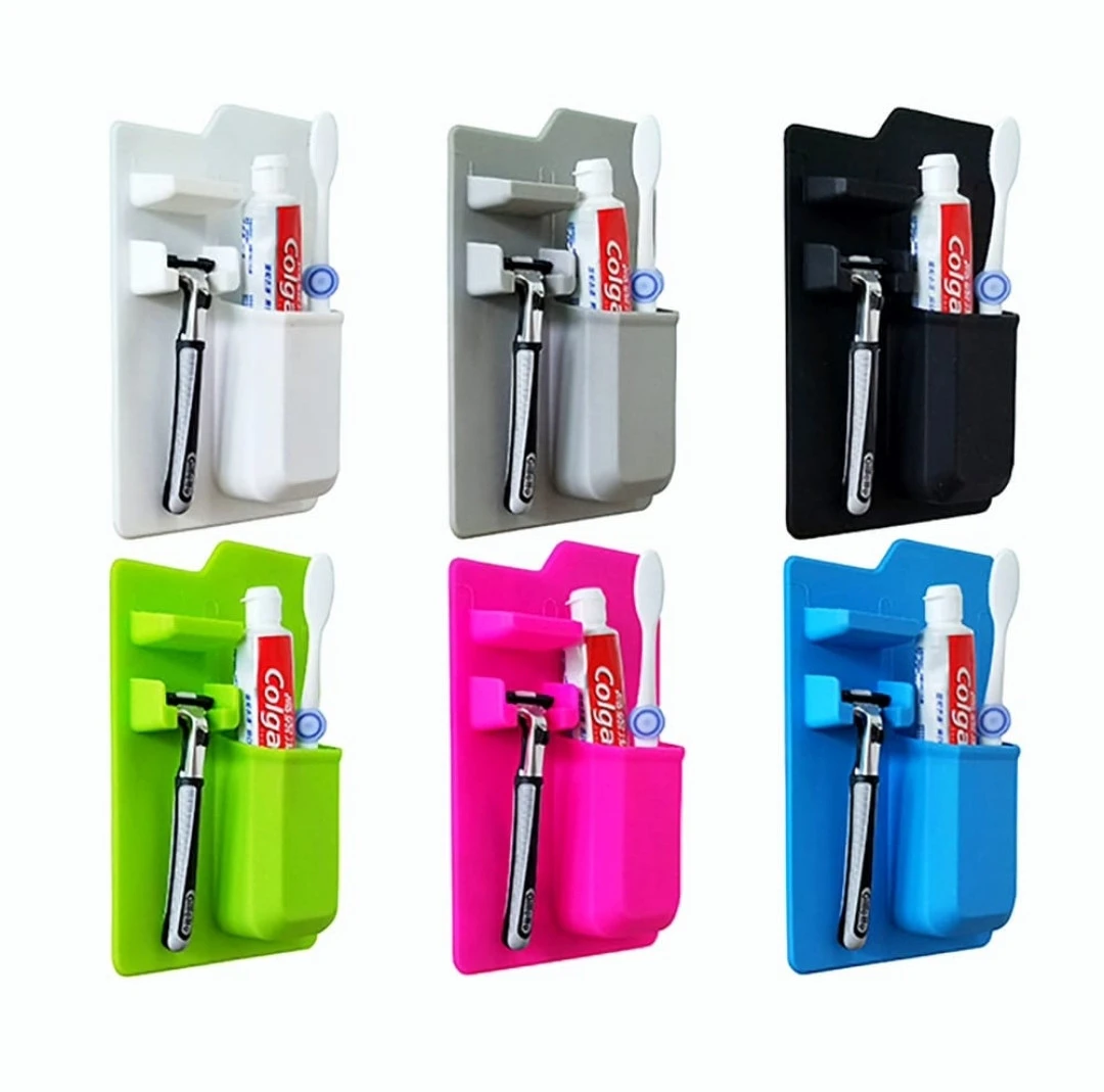Soporte de baño adhesivo con organizador para cepillo de dientes y rastrillo, varios colores.