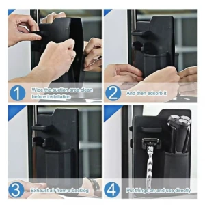 Organizador de baño con ventosa para cepillo de dientes, maquinilla de afeitar y otros accesorios.