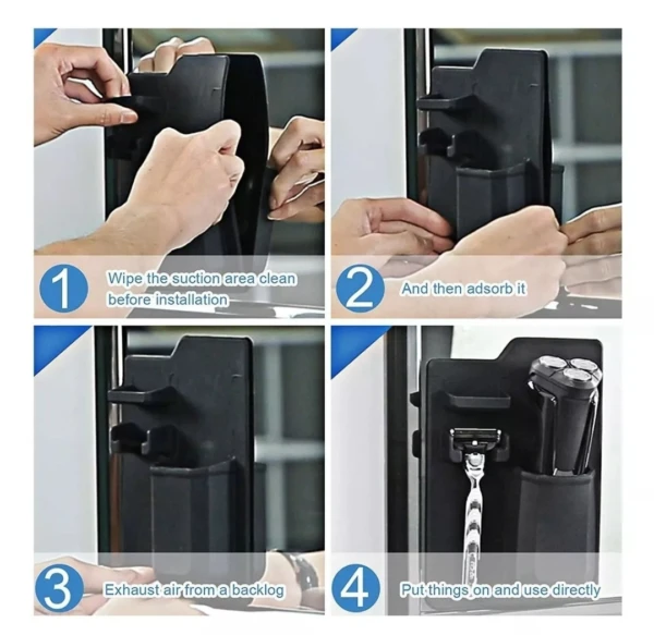 Organizador de baño con ventosa para cepillo de dientes, maquinilla de afeitar y otros accesorios.