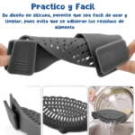 Colador de silicona para ollas con clips, flexible y fácil de usar.