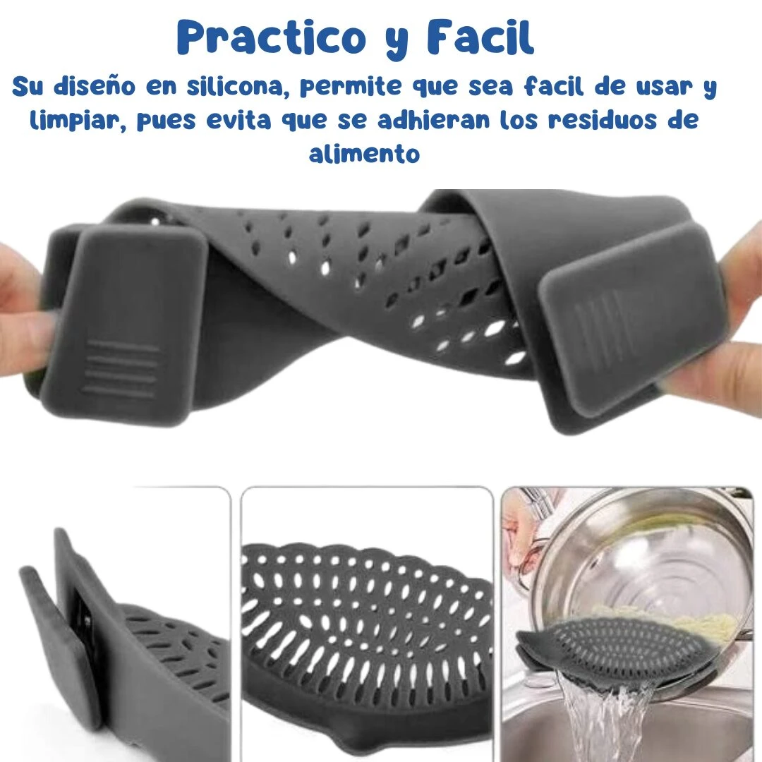 Colador de silicona para ollas con clips, flexible y fácil de usar.