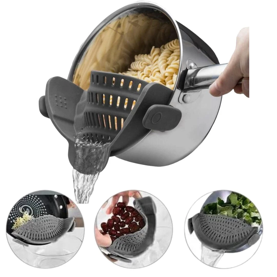 Colador de silicona para ollas escurriendo pasta, frutas y verduras.