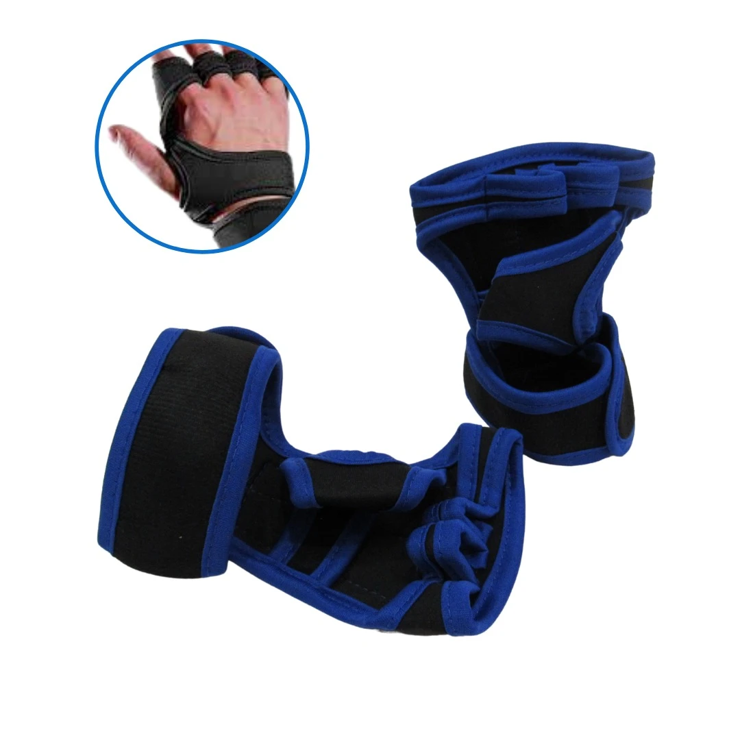 Guantes deportivos antideslizantes negros y azules para gimnasio, entrenamiento y pesas.