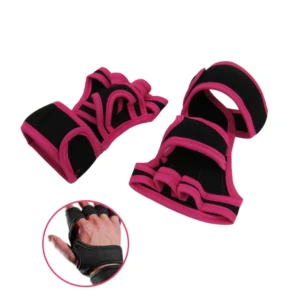 Guantes deportivos antideslizantes para gimnasio, con soporte de muñeca y dedos libres, color negro y fucsia.