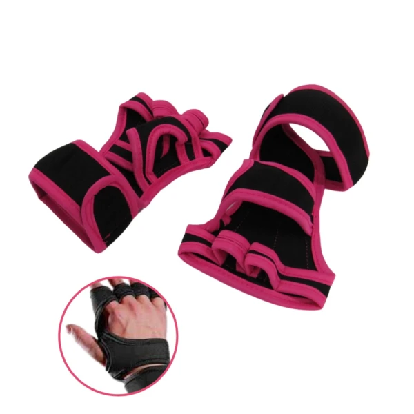 Guantes deportivos antideslizantes para gimnasio, con soporte de muñeca y dedos libres, color negro y fucsia.
