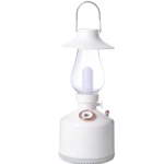 Linterna LED de camping humificadora blanca con diseño vintage y luz cálida.