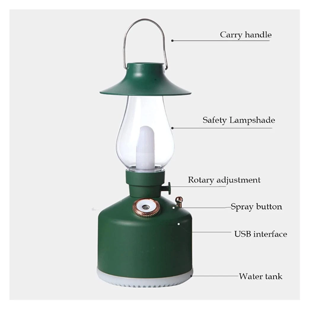 Linterna led camping humificadora verde con asa, pantalla, botón spray, USB y tanque de agua.