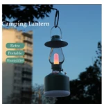 Linterna LED para camping, portátil, retro, con función humidificadora y luz cálida.