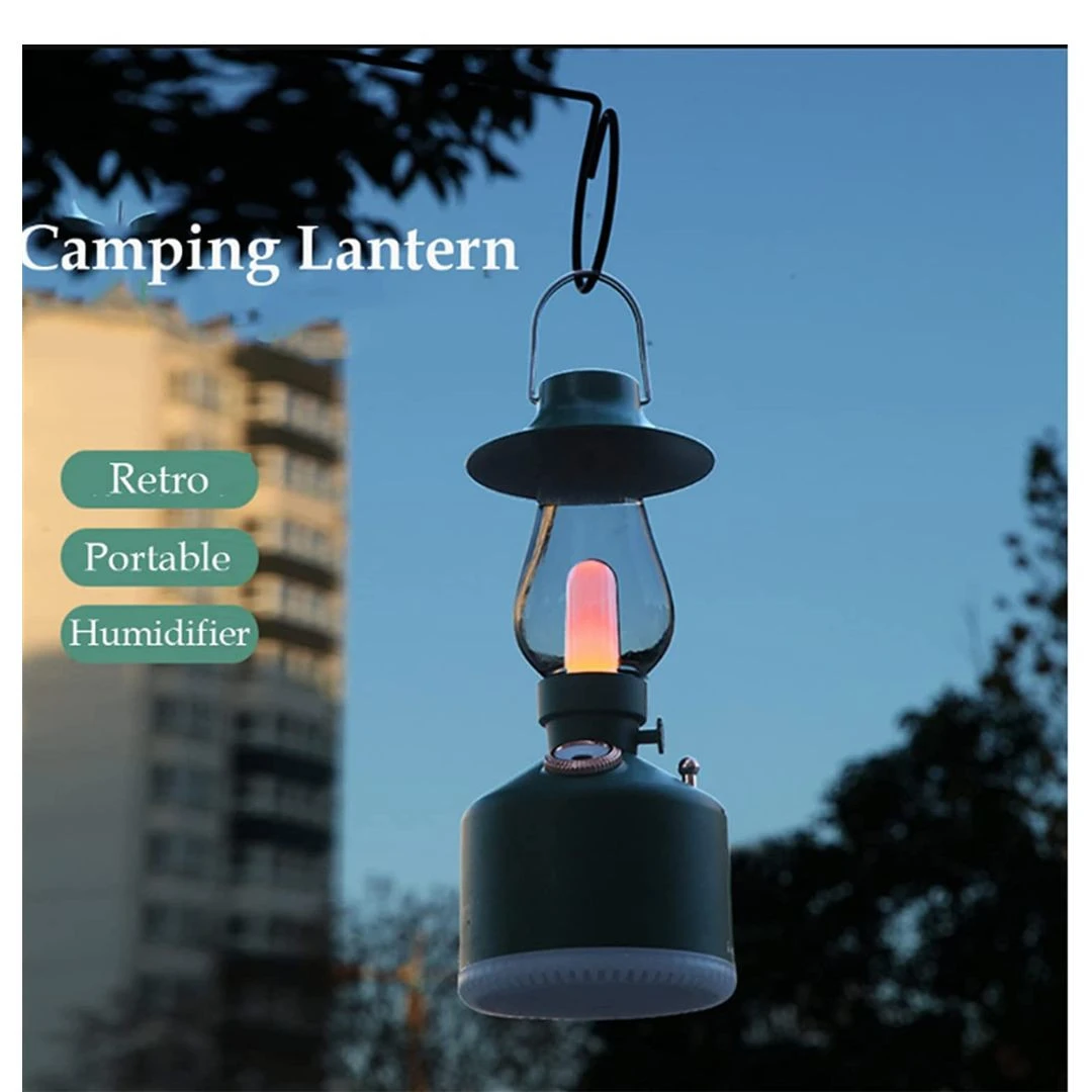 Linterna LED para camping, portátil, retro, con función humidificadora y luz cálida.