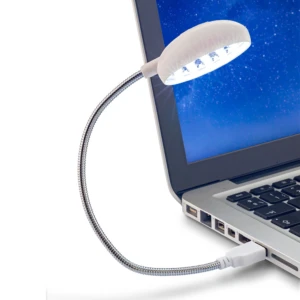 Mini lámpara LED flexible con USB para laptop, ideal para lectura y escritura nocturna.