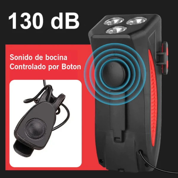 Linterna para bicicleta con bocina de 130 dB, base para celular y control de botón.