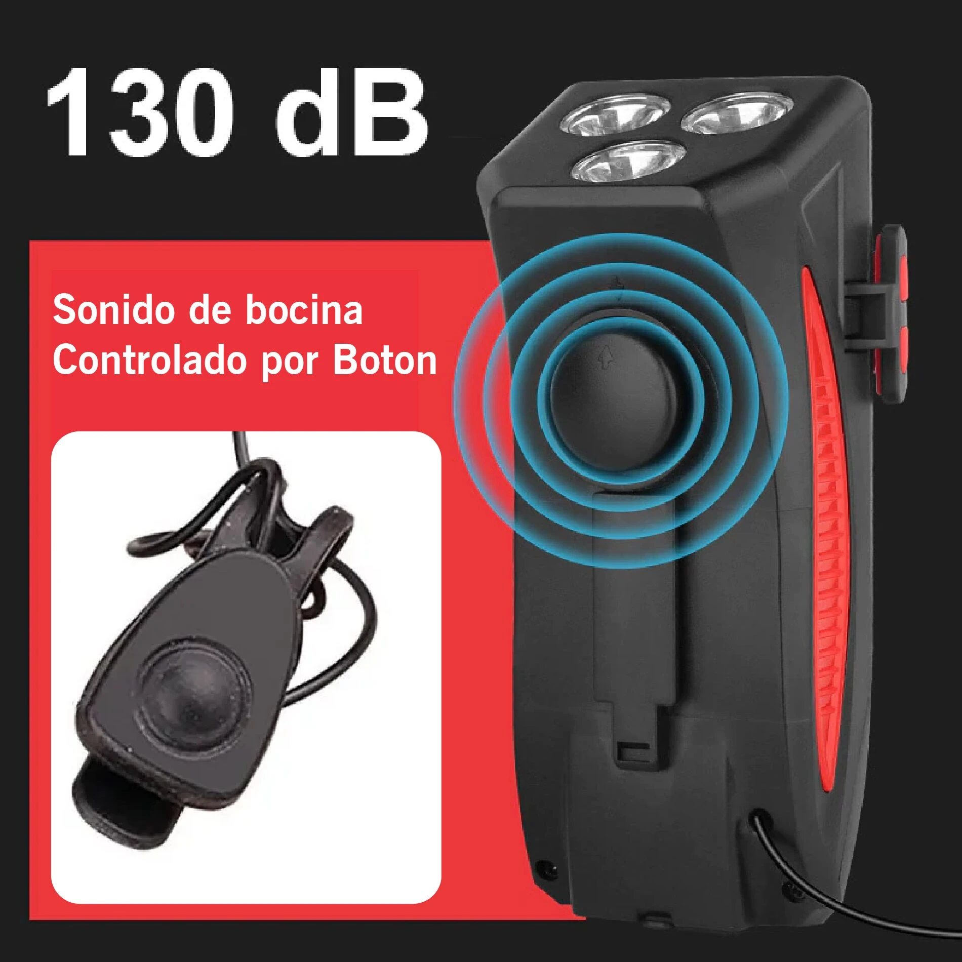Linterna para bicicleta con bocina de 130 dB, base para celular y control de botón.