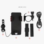 Base para celular de bicicleta con linterna, bocina, cable USB y soportes.