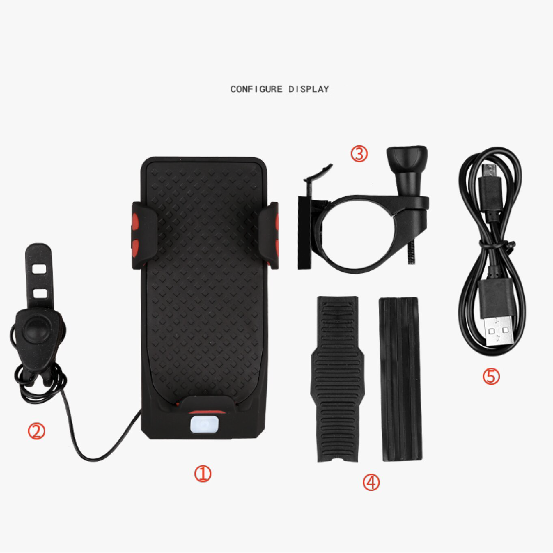 Base para celular de bicicleta con linterna, bocina, cable USB y soportes.
