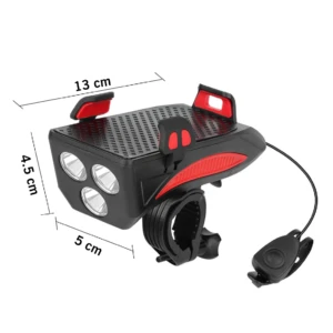 Linterna para bicicleta con bocina y base para celular, 13x5x4.5 cm.