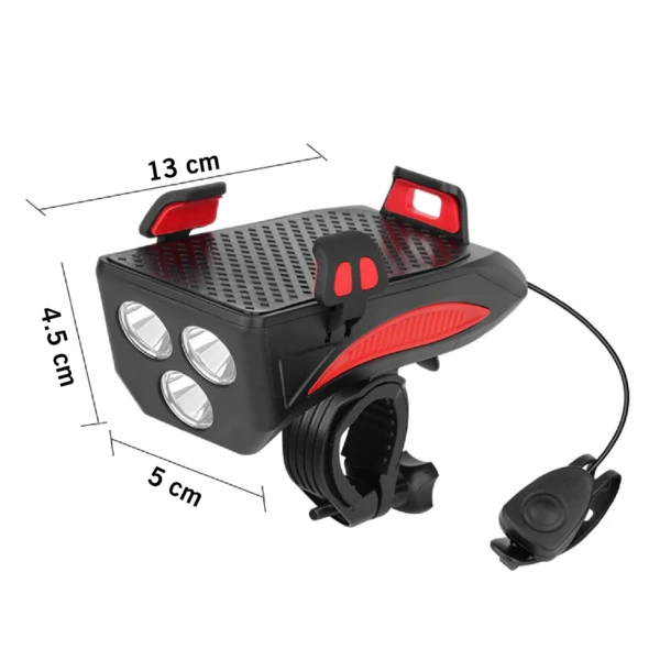Linterna para bicicleta con bocina y base para celular, 13x5x4.5 cm.