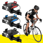 Linterna, bocina y base para celular en manillar de bicicleta, ideal para ciclistas.