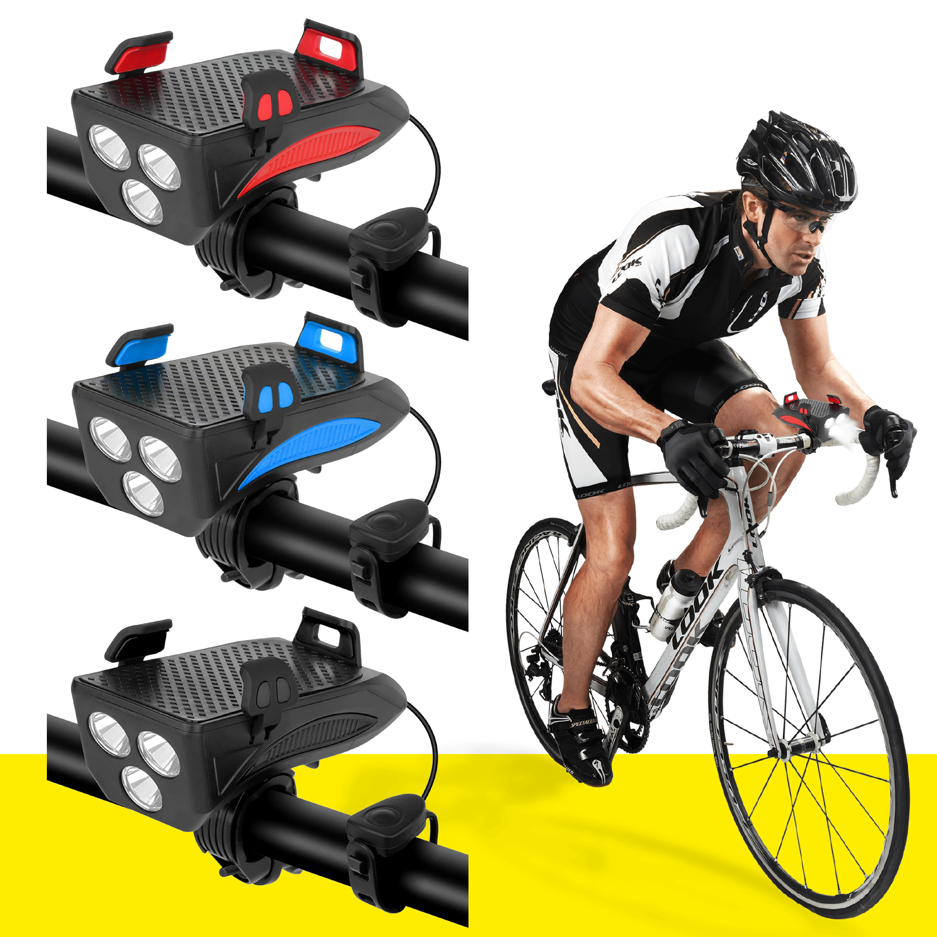 Linterna, bocina y base para celular en manillar de bicicleta, ideal para ciclistas.
