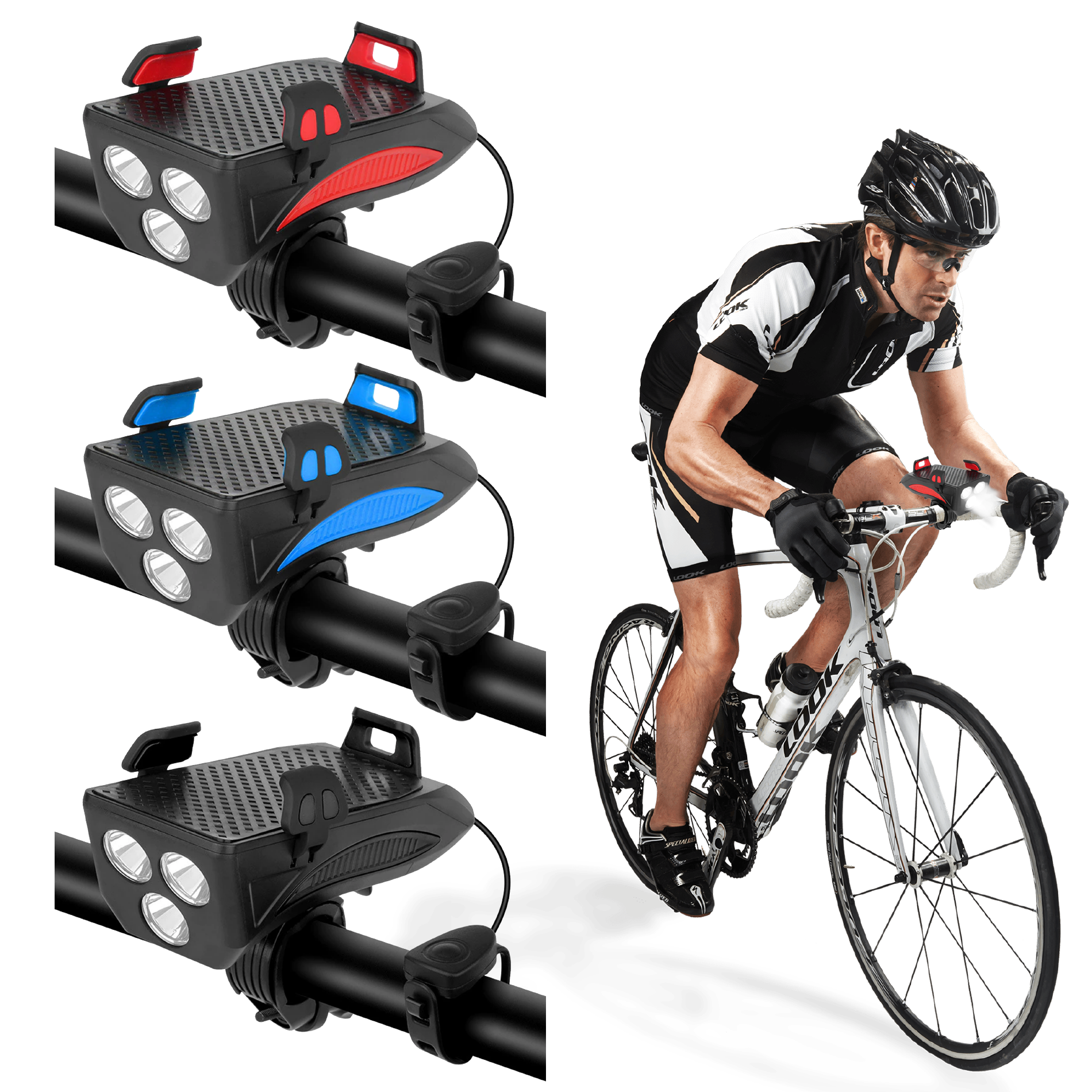 Linterna para bicicleta con bocina y base para celular, ideal para ciclismo nocturno.