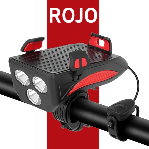 Linterna para bicicleta con bocina y soporte para celular en color negro y rojo.