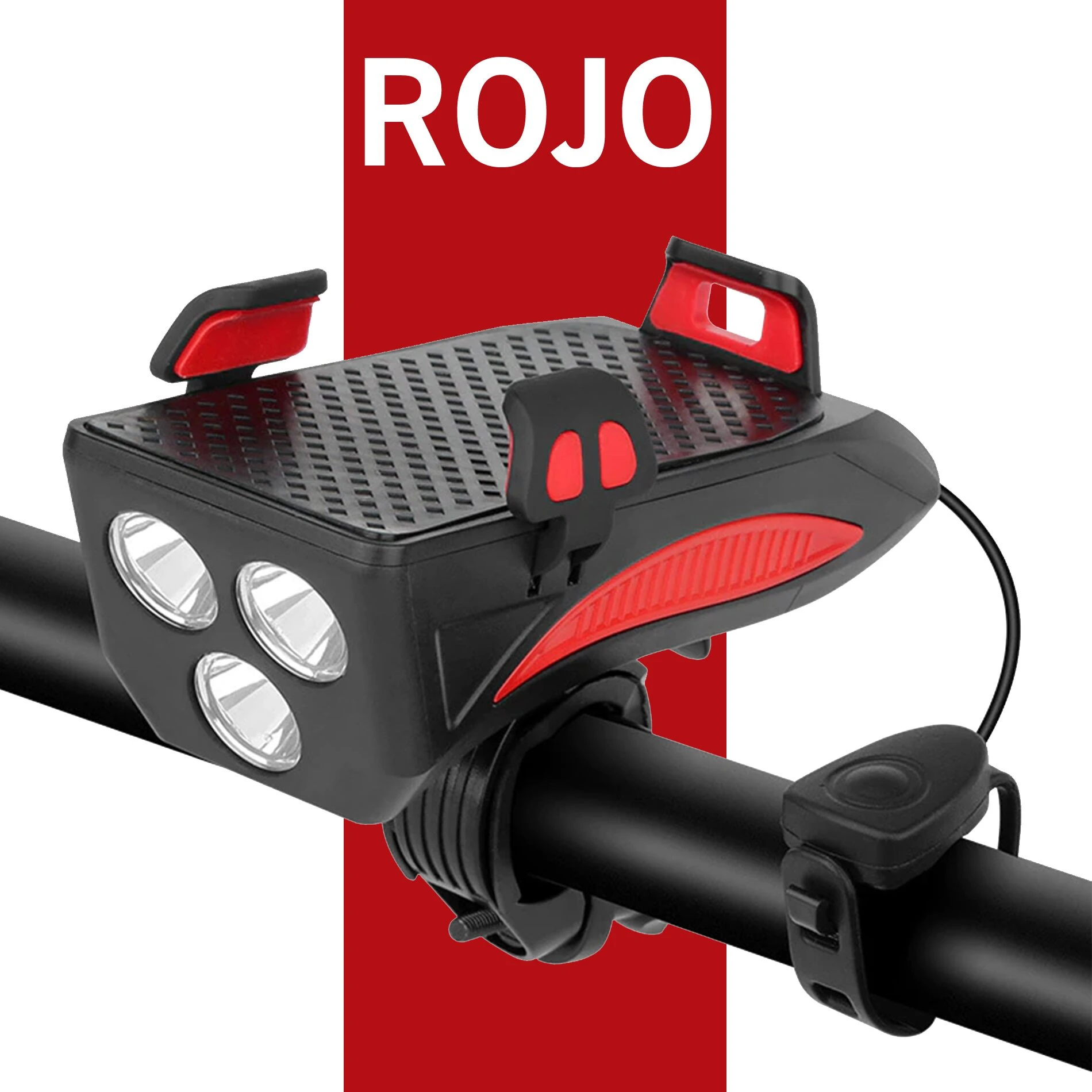 Linterna para bicicleta con bocina y soporte para celular en color negro y rojo.