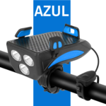 Linterna para bicicleta con bocina y base para celular, luz LED frontal y soporte negro y azul.