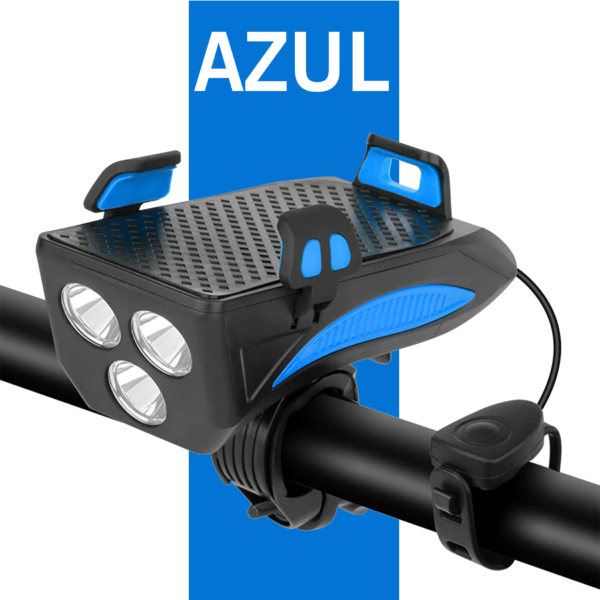 Linterna para bicicleta con bocina y base para celular, luz LED frontal y soporte negro y azul.